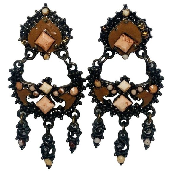 Vintage Women’s Bronze Tone Chandelier Dangle Brown Enamel Pierced Earrings - Picture 1 of 6